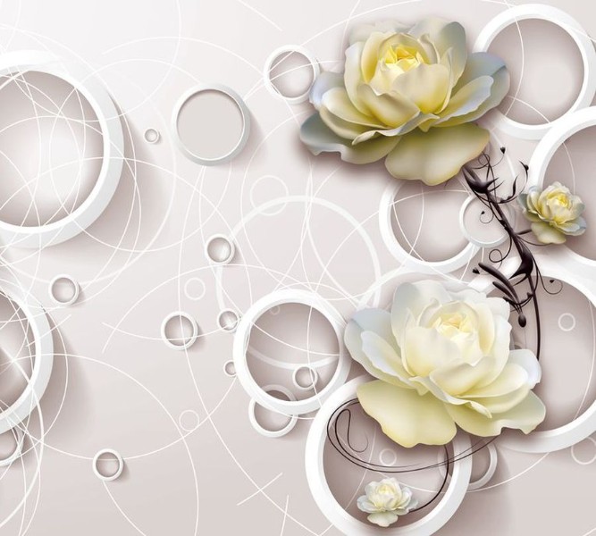 3D Фотообои Фотшторы «Нежные розы с объемными кольцами»