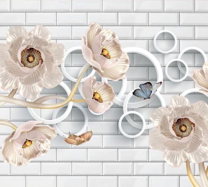 3D Фотообои Фотшторы «Кованые цветы с кольцами на кирпичной стене»