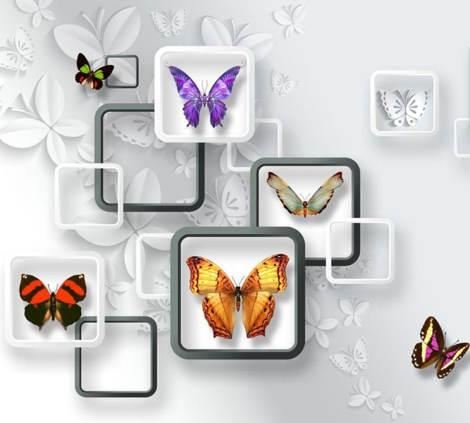 3D Фотообои Фотшторы «Яркие бабочки на объемном фоне»