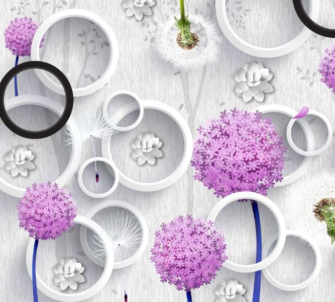 3D Фотообои Фотшторы «Лиловые одуванчики с объемными кольцами»