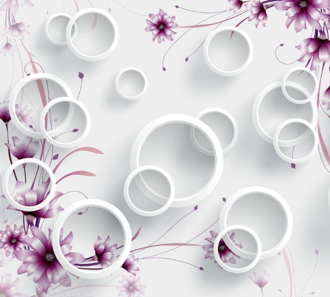 3D Фотообои Фотшторы «Объемные белые кольца с полевыми цветами»