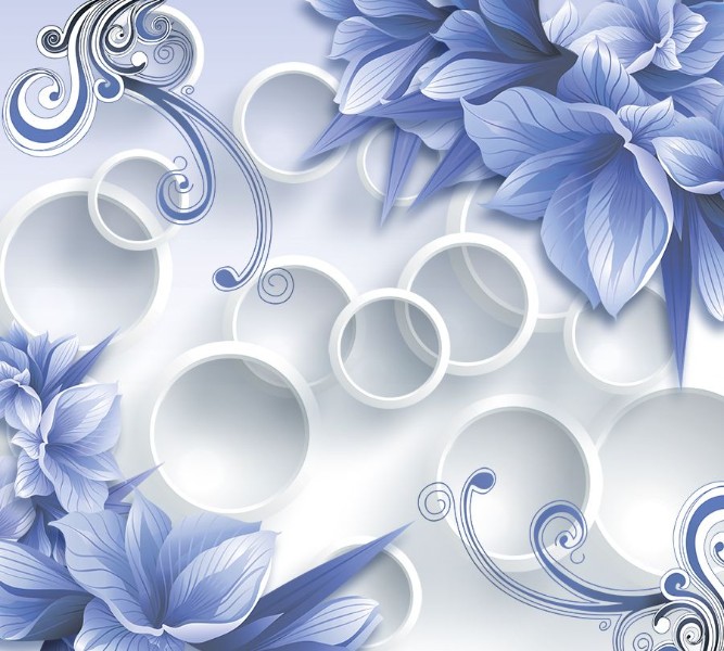 3D Фотообои Фотшторы «Синие цветы на фоне с кругами»