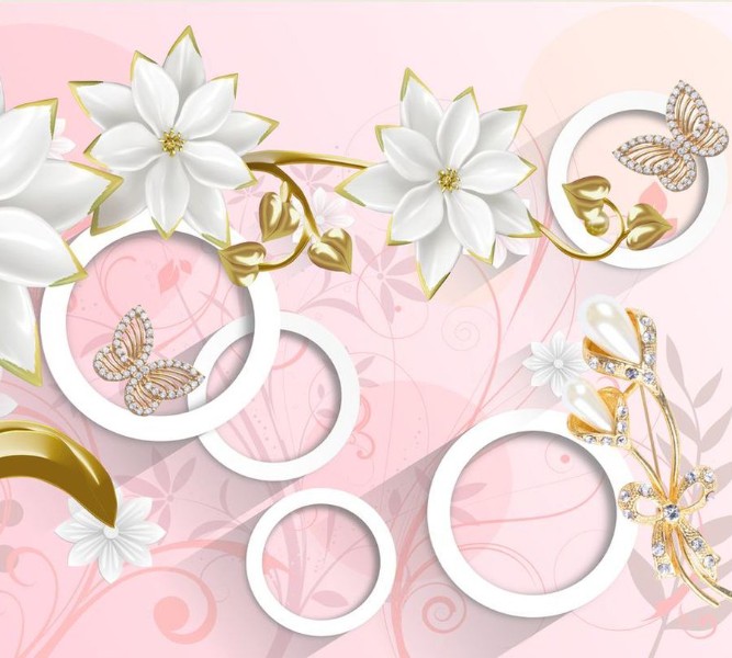 3D Фотообои Фотшторы «Фарфоровые цветы с ювелирными цветами и бабочками»