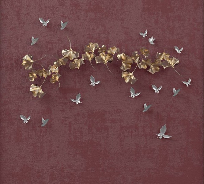3D Фотообои Фотошторы «Серебрянные птички над золотыми зонтиками»