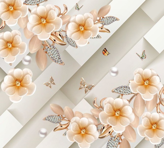 3D Фотообои Фотошторы «Керамические цветы с драгоценными лепестками»