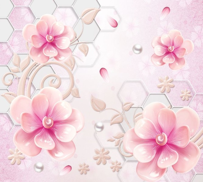 3D Фотообои Фотошторы «Розовые фарфоровые цветы с жемчужинами»