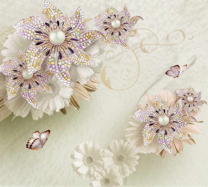 3D Фотообои Фотошторы «Радужные ювелирные цветы»