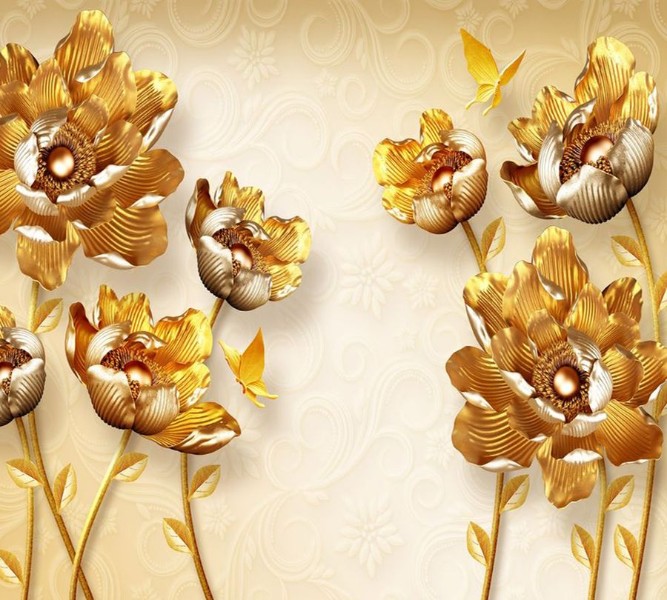 3D Фотообои Фотошторы «Кованые золотые цветы»