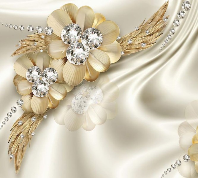 3D Фотообои Фотошторы «Золотые цветы с алмазными серединками»