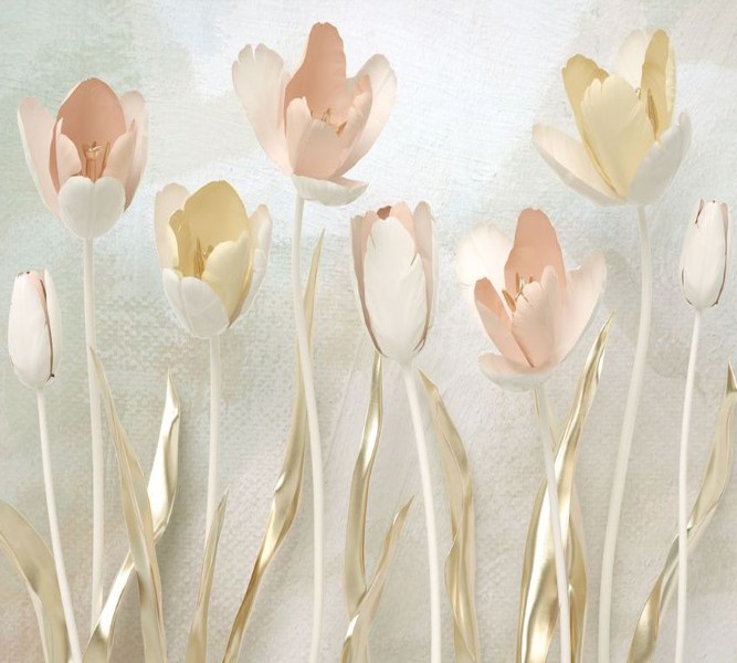 3D Фотообои Фотошторы «Персиковые тюльпаны с позолотой»