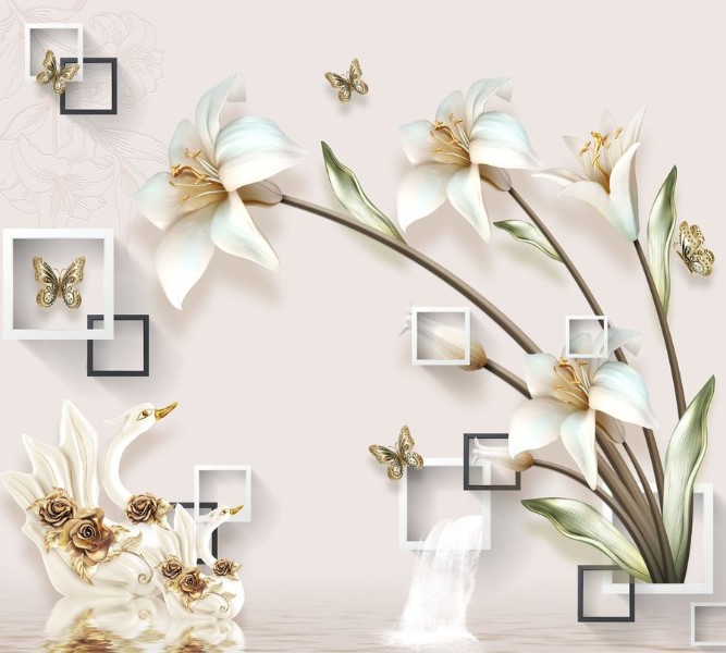 3D Фотообои Фотошторы «Лилии с лебедями на объемном фоне»
