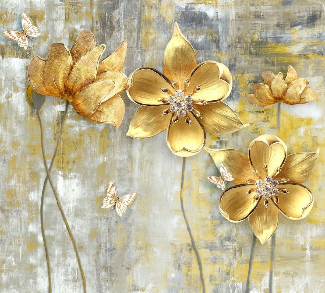 3D Фотообои Фотошторы «Золотые цветы на художественном холсте»