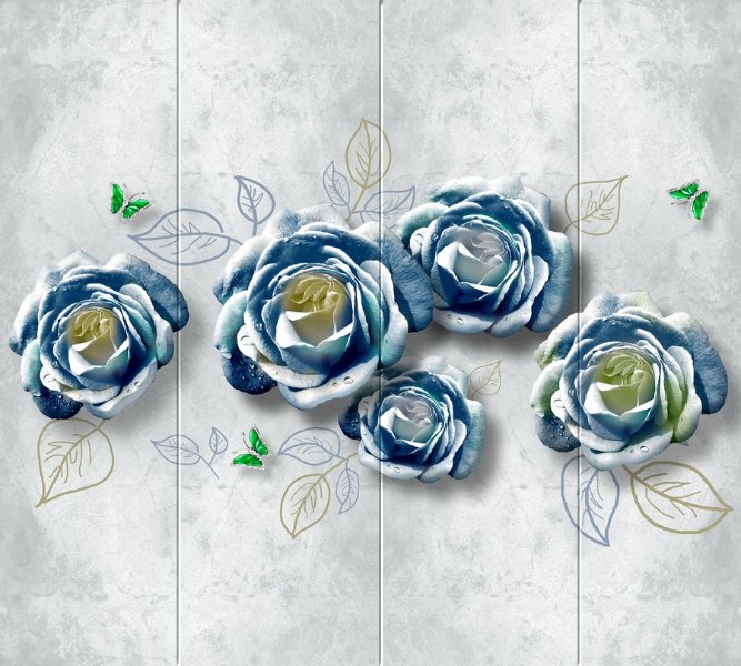 3D Фотообои Фотошторы «Волнующие розы с изумрудными бабочками»