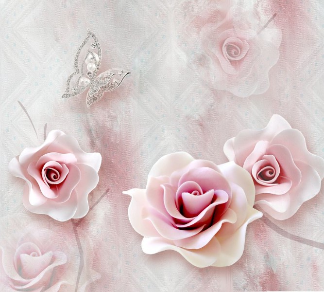 3D Фотообои Фотошторы «Розы с ювелирной бабочкой»