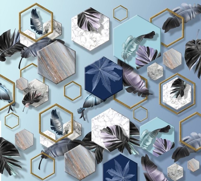 3D Фотообои Фотошторы «Тропические листья с мраморными шестиугольниками»