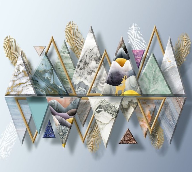 3D Фотообои Фотошторы «Золотые перья с мраморными треугольниками»