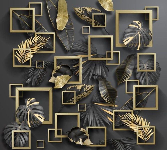 3D Фотообои Фотошторы «Листья с золотыми квадратами»