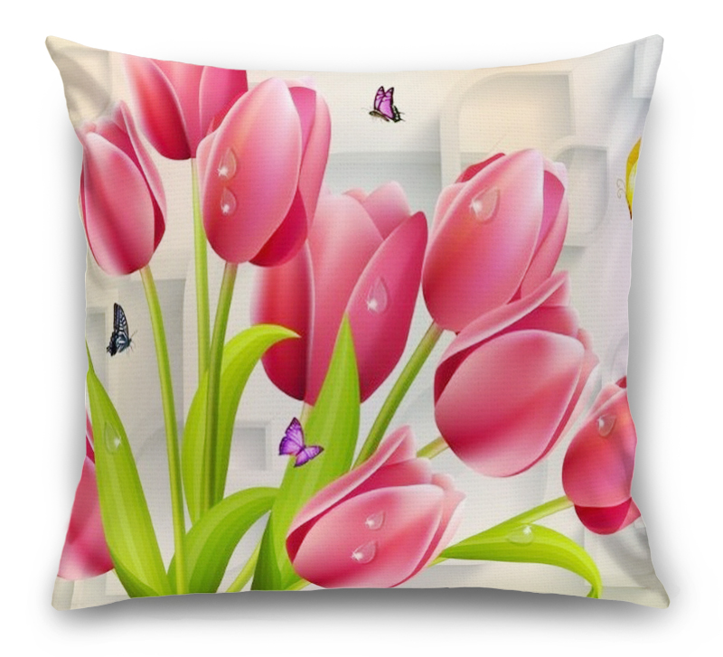 3D Подушка «Яркие тюльпаны с бабочками» вид 1