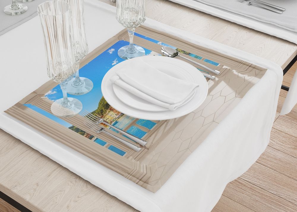 3D Фотообои Салфетки под посуду «Балкон с видом на средиземноморский город»