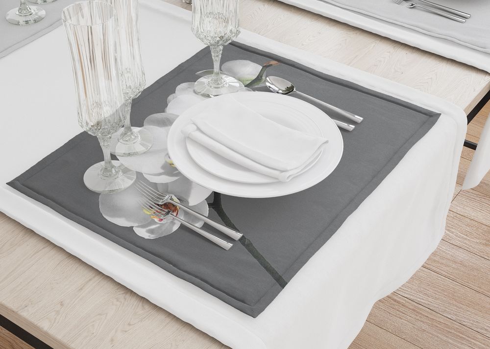 3D Фотообои Набор кухонных салфеток «Белая орхидея на сером фоне»