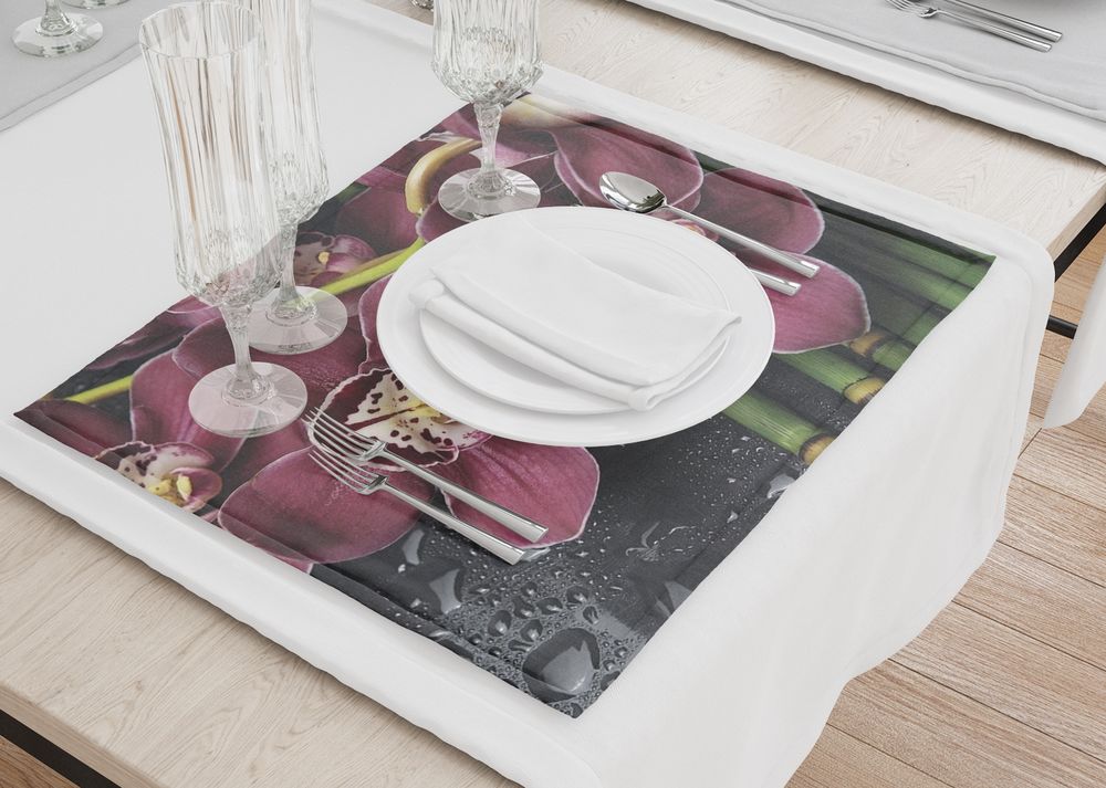 3D Фотообои Салфетки для столовых приборов «Орхидеи и капли воды»