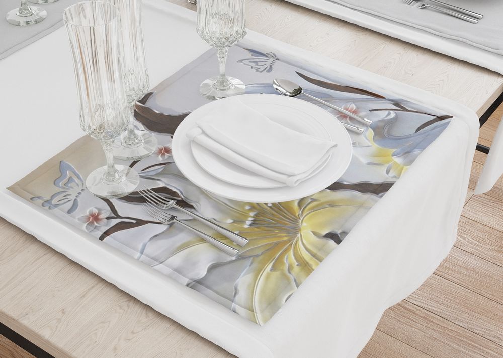3D Фотообои Салфетки под тарелки «Объемные цветы с бабочками»