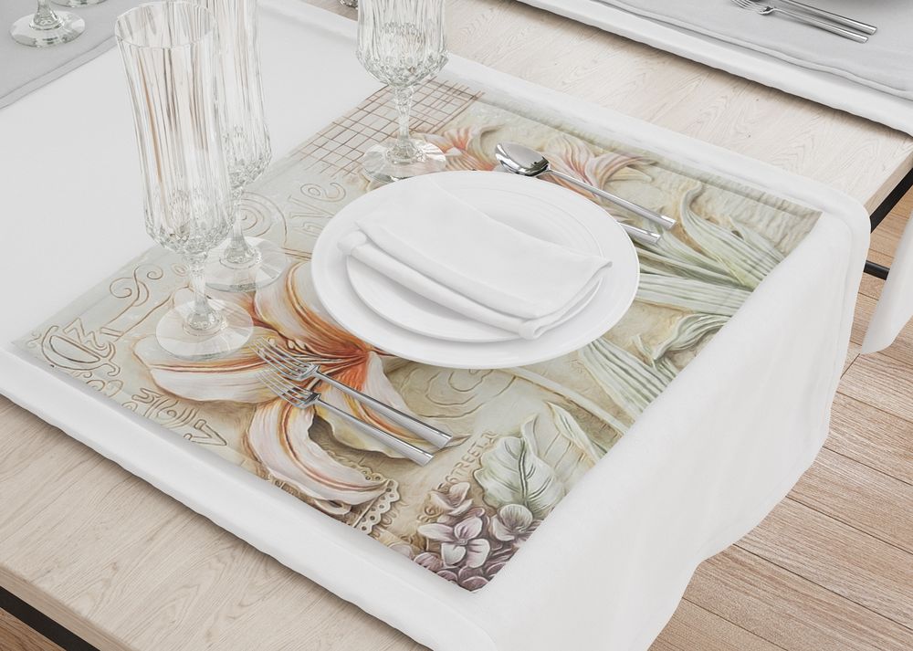 3D Фотообои Набор кухонных салфеток «Лилии под каменную фреску»