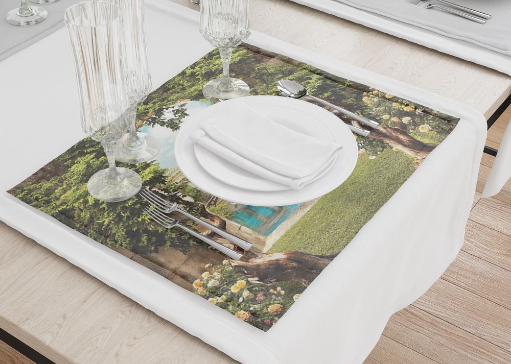 3D Фотообои Салфетки для сервировки стола «Арка с видом на сказочный пруд с лебедями»