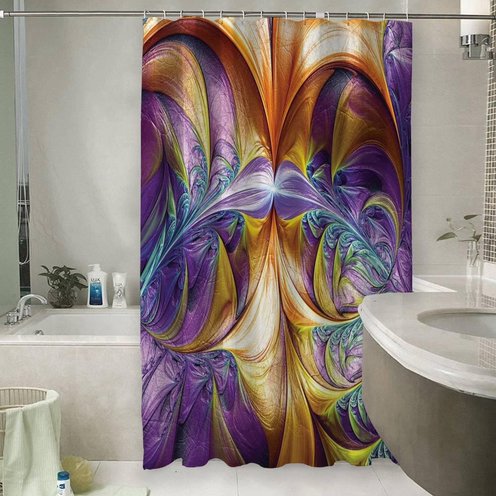 3D штора в ванную комнату «Фиолетово-желтая абстракция» вид 6