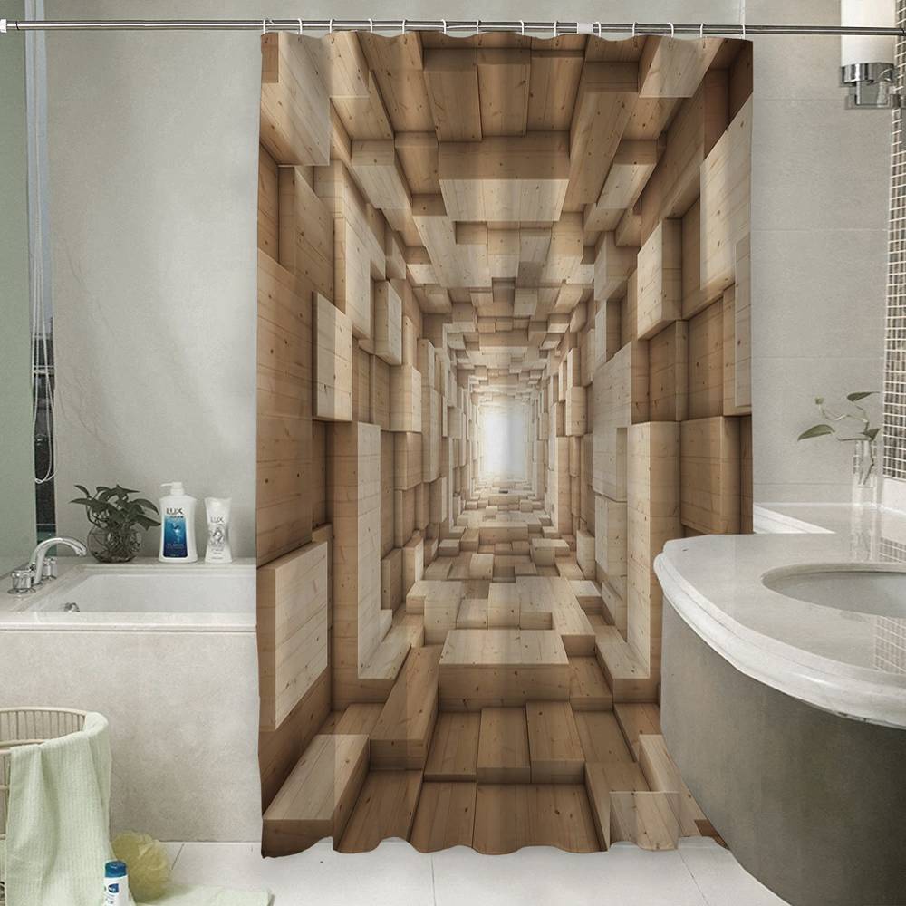 3D штора в ванную «Тоннель из древесных кубов» вид 6