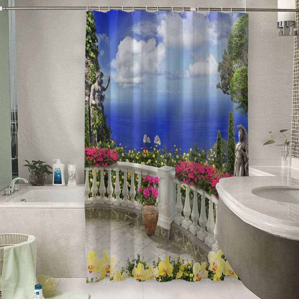 3D шторка для ванной «Античный балкон с видом на синий океан» вид 6