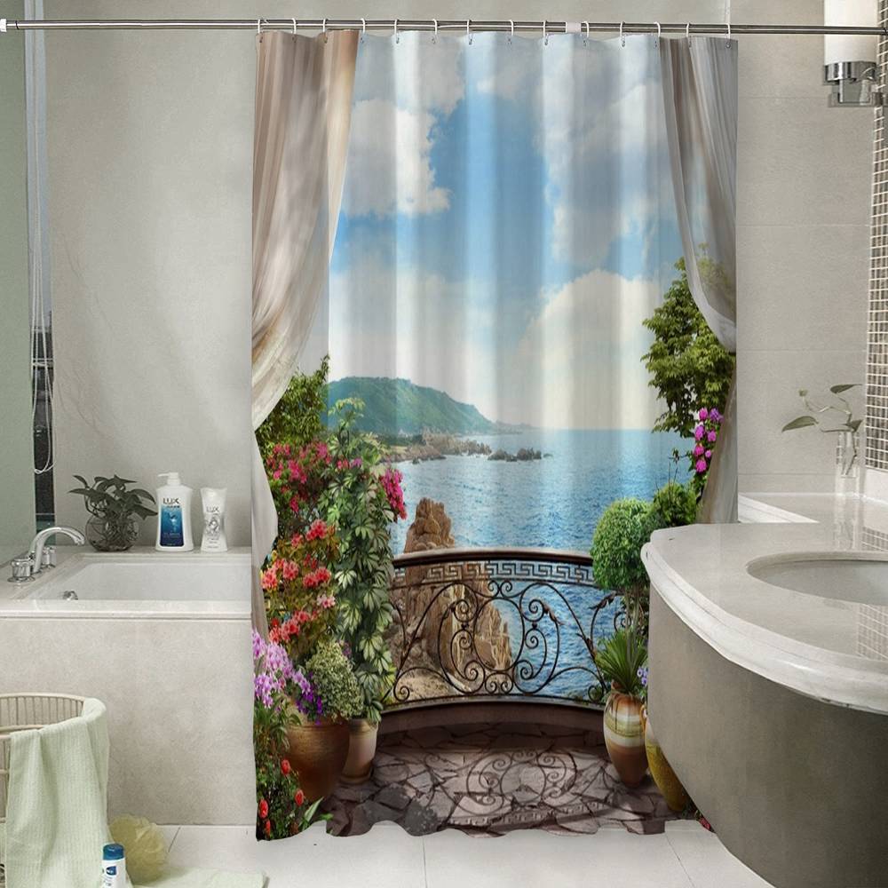 Штора для ванной «Балкон на скалистом берегу океана» вид 6