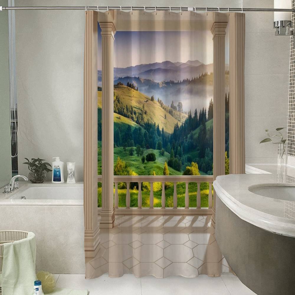 3D шторка для ванны «Балкон с видом на альпийское утро» вид 6