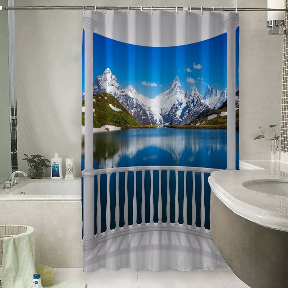 3D занавеска в ванную комнату «Балкон с видом на горы» вид 6