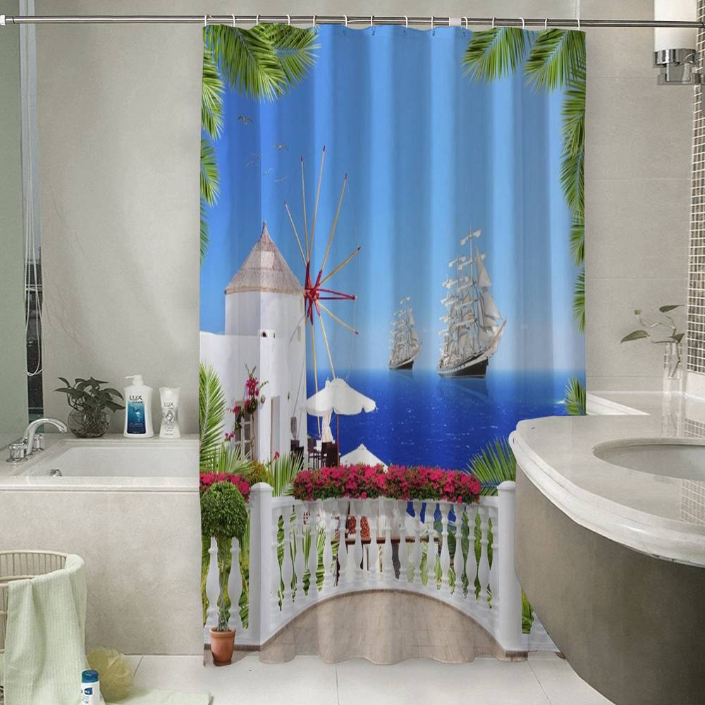 3D штора в ванную «Балкон с видом на корабли» вид 6