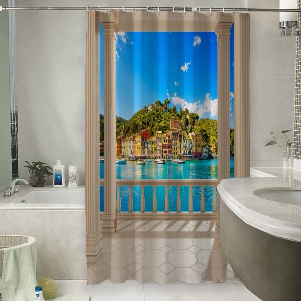 3D штора в ванную комнату «Балкон с видом на средиземноморский город» вид 6