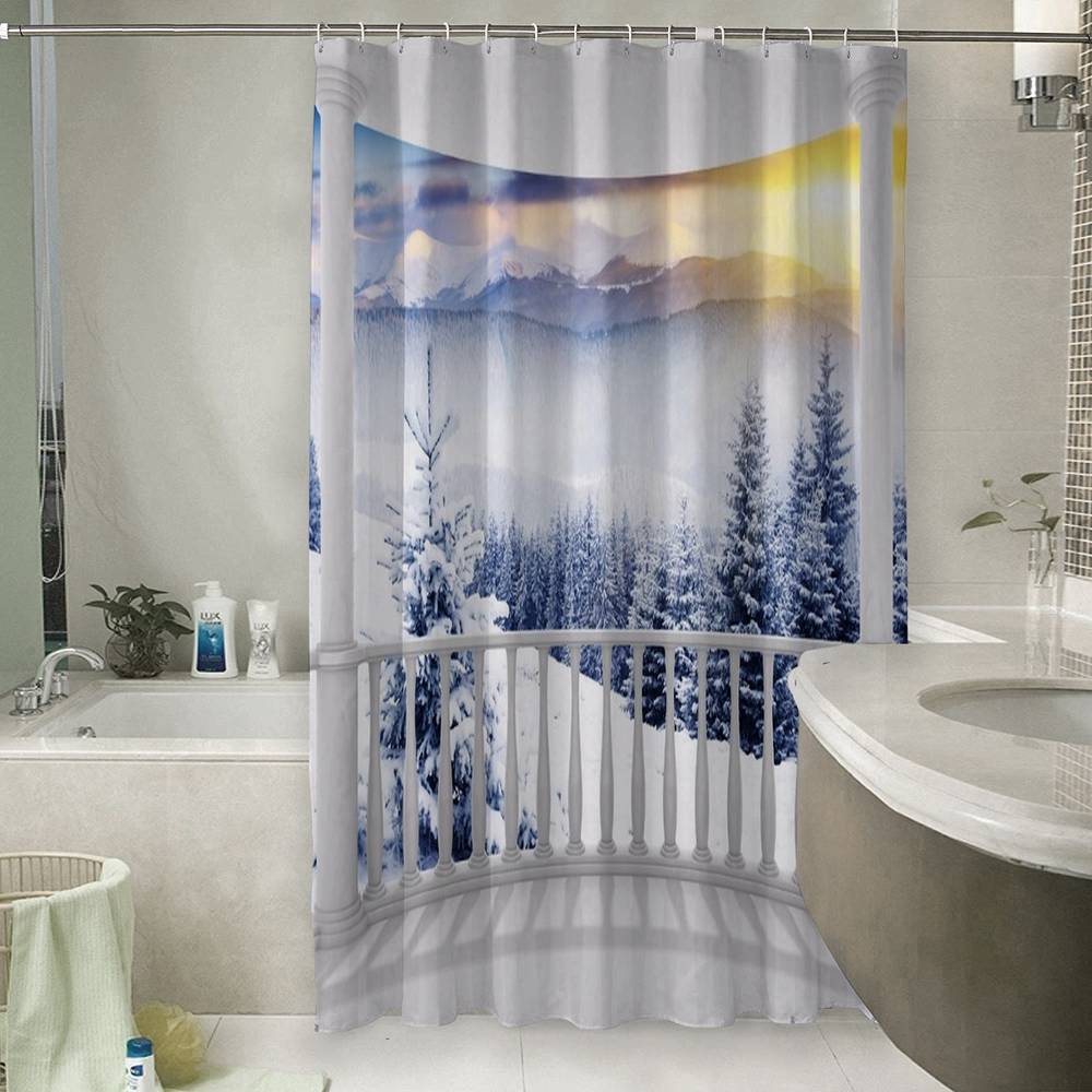 3D фото занавеска для ванной «Вид с балкона на зимний лес» вид 6