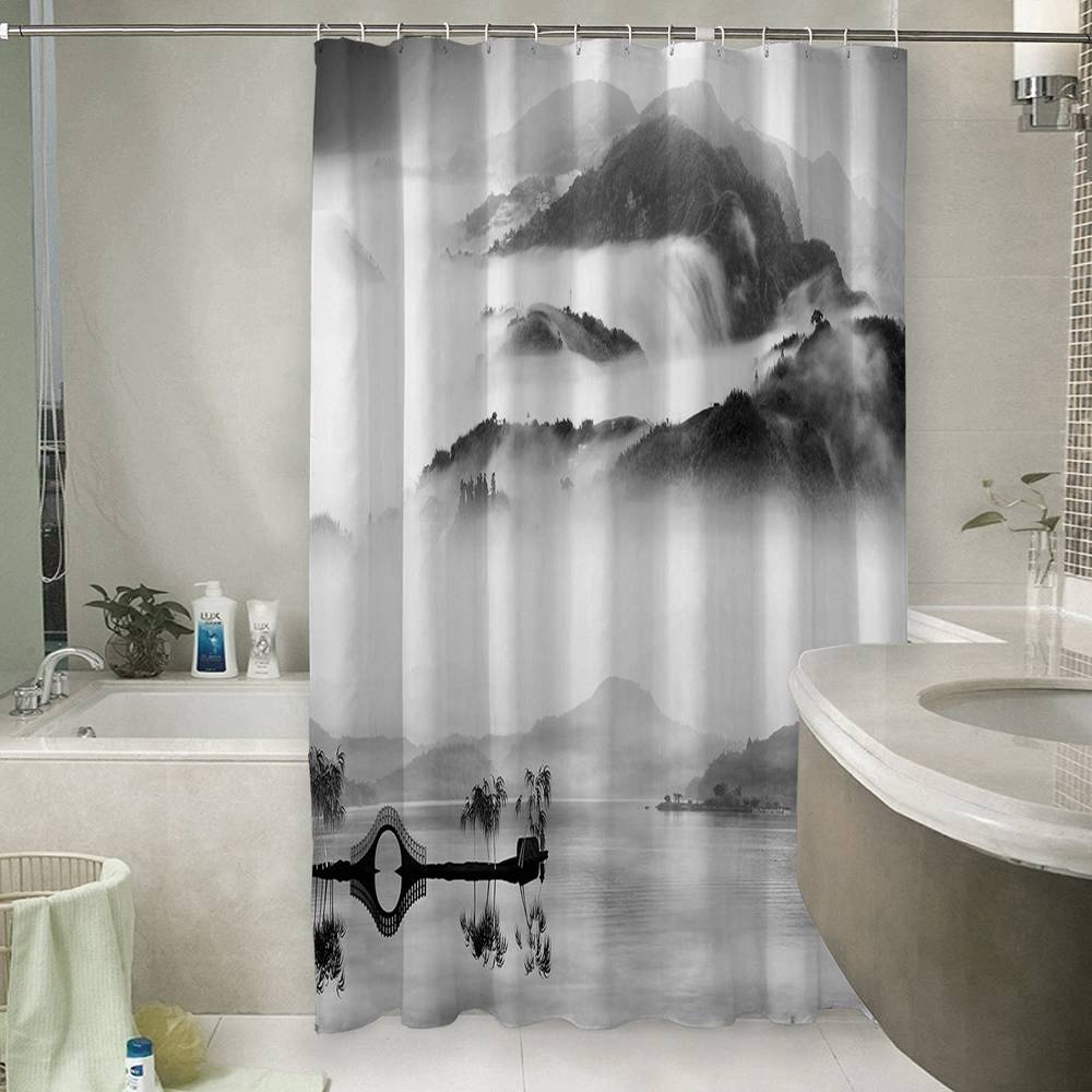 3D штора в ванную комнату «Туманный пейзаж» вид 6