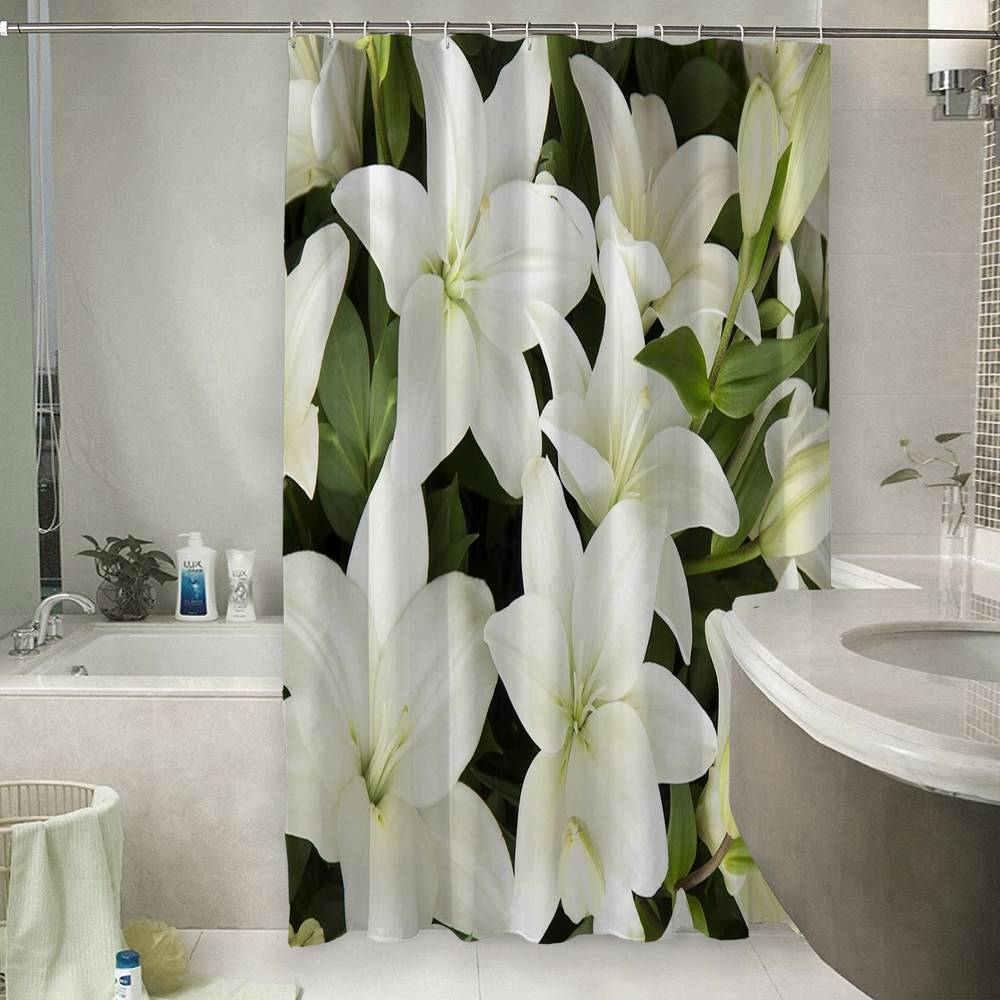3D шторка для ванной «Белоснежные лилии» вид 6