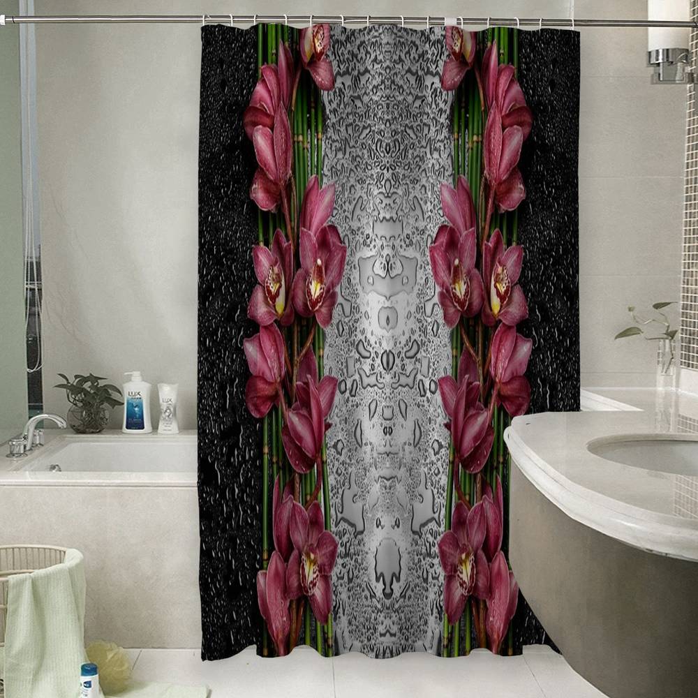 3D занавеска в ванную комнату «Орхидеи в росе» вид 6