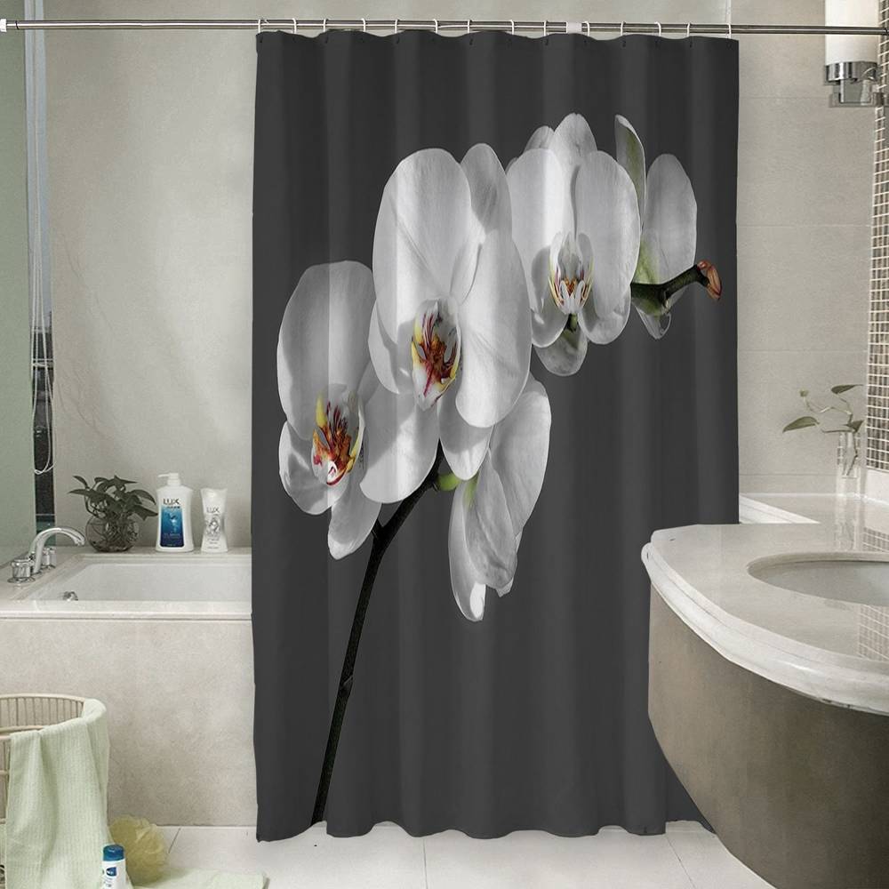 3D штора в ванную «Белая орхидея на сером фоне» вид 6