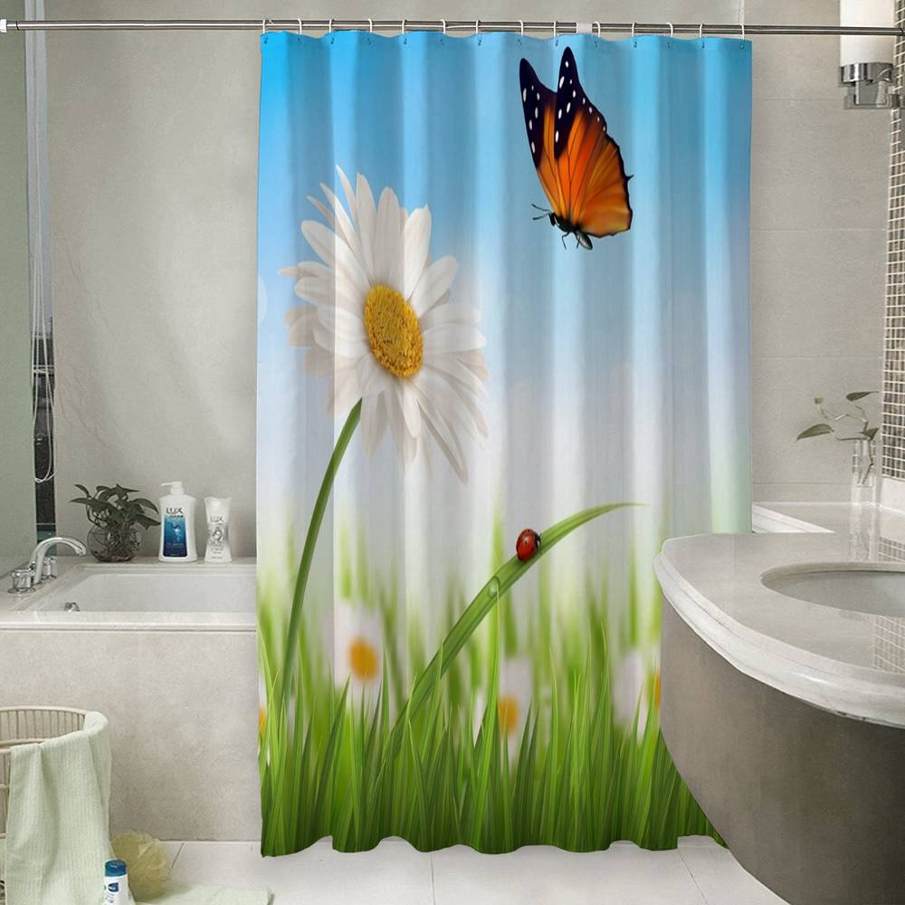 3D штора для ванны «Ромашка и бабочка» вид 6