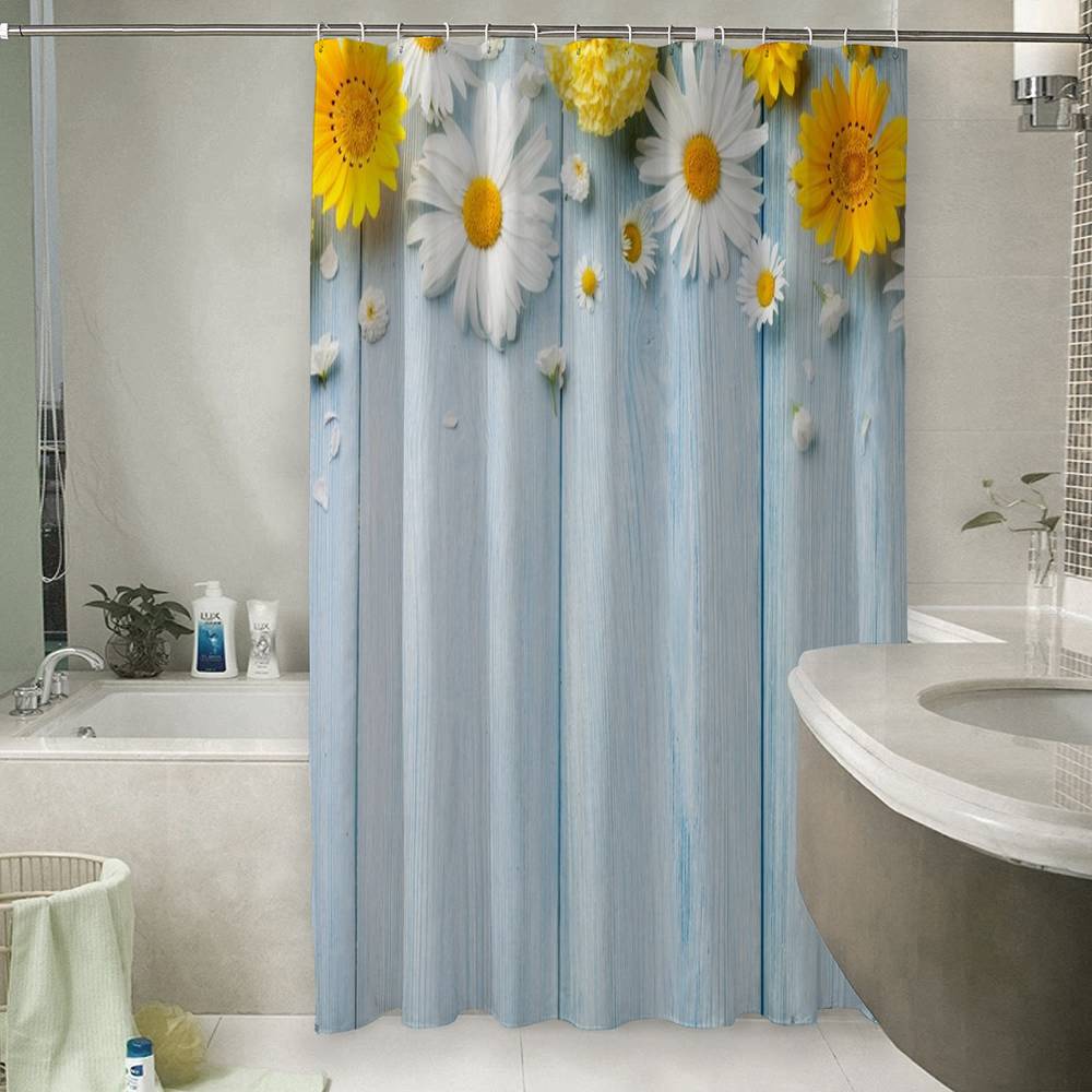 Занавеска для ванной «Ромашки на голубых досках» вид 6