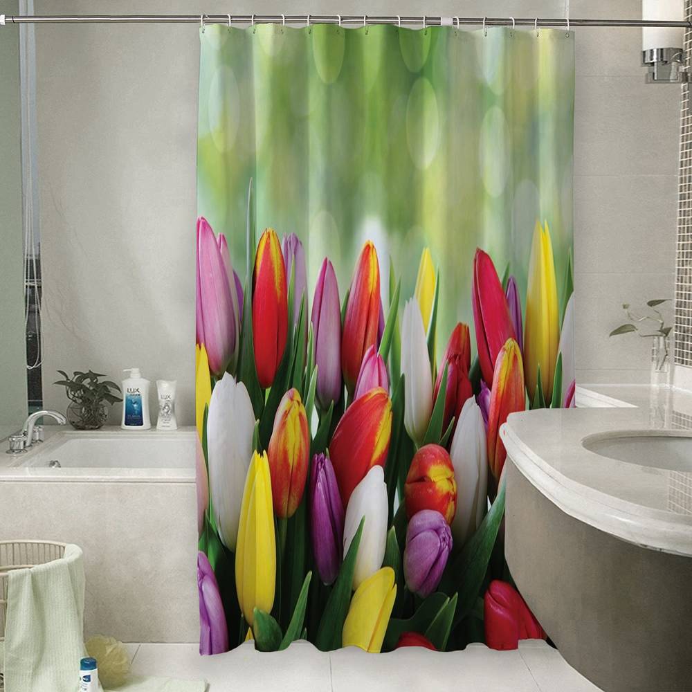3D шторка для ванной «Разноцветные тюльпаны» вид 6
