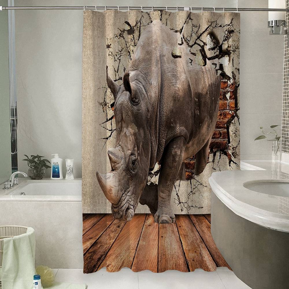 3D шторка для ванной «Носорог сквозь стену» вид 6