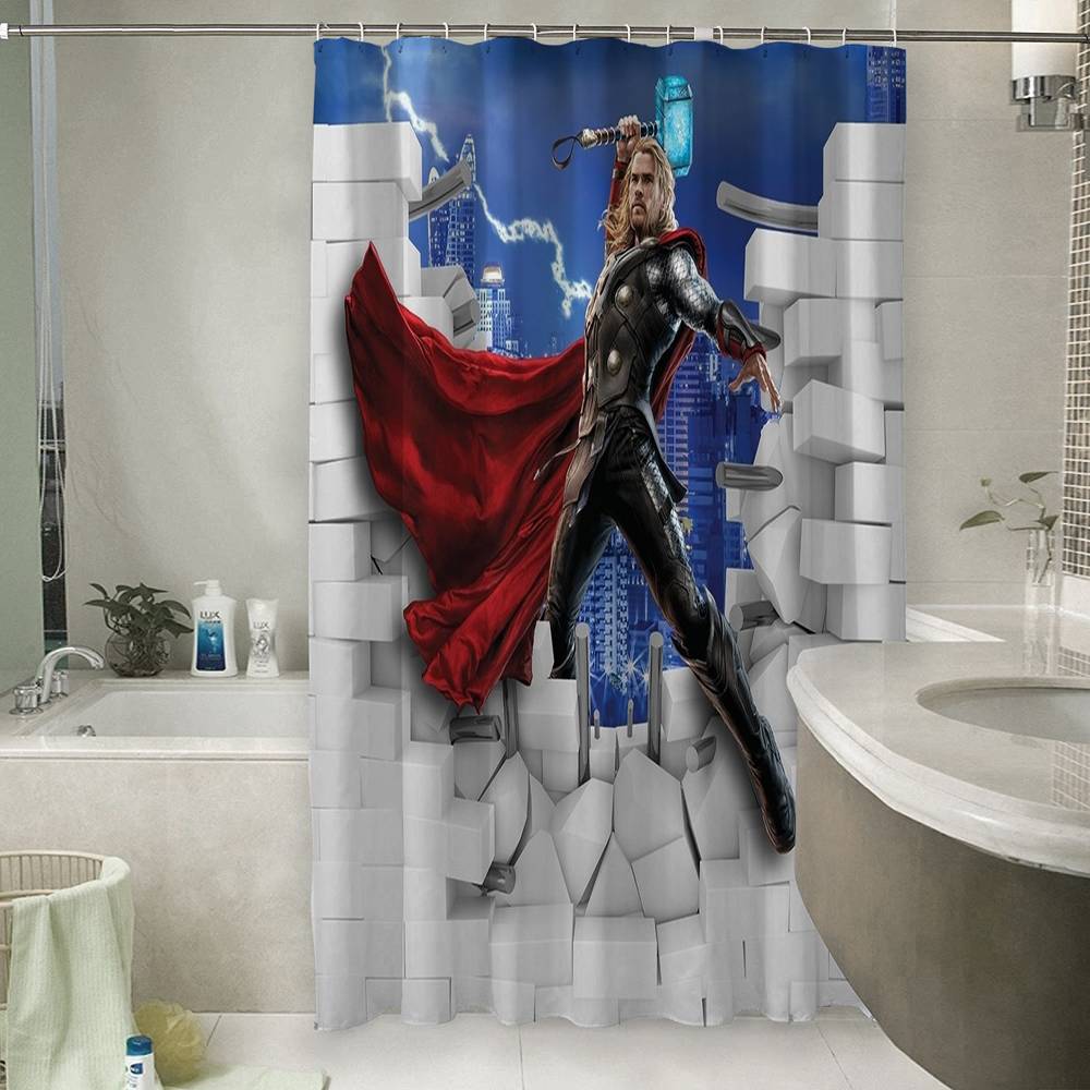 3D штора в ванную комнату «Тор из за стены» вид 6