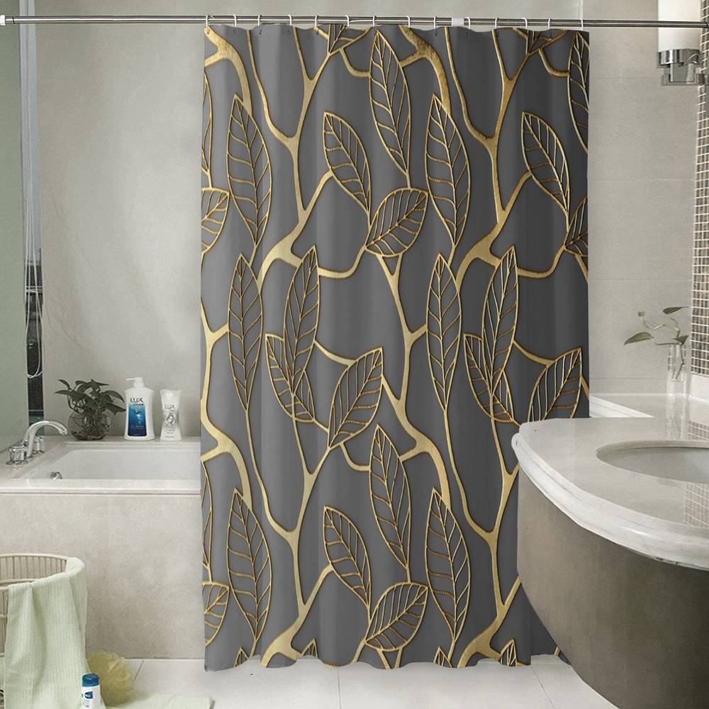 3D штора для ванны «Узор с золотыми листьями» вид 6