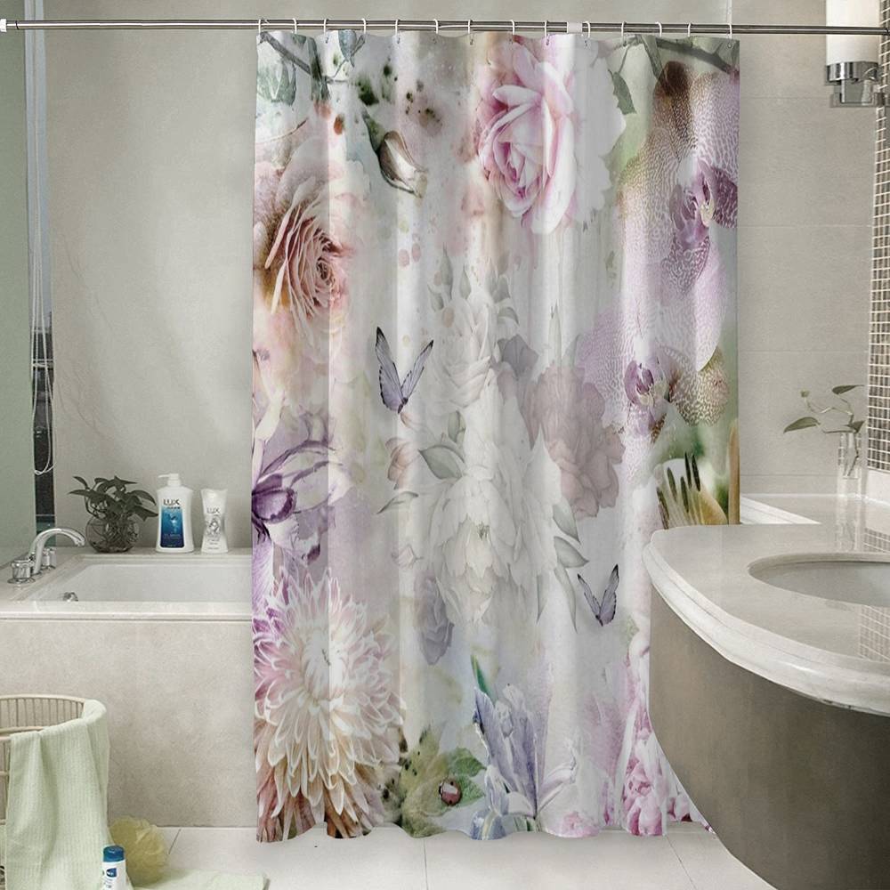 3D штора в ванную комнату «Бабочки в нежных цветах» вид 6