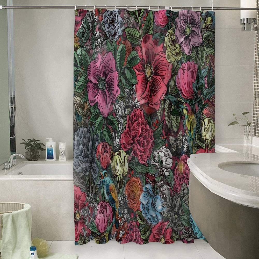 3D штора для ванны «Птицы в ярких цветах» вид 6