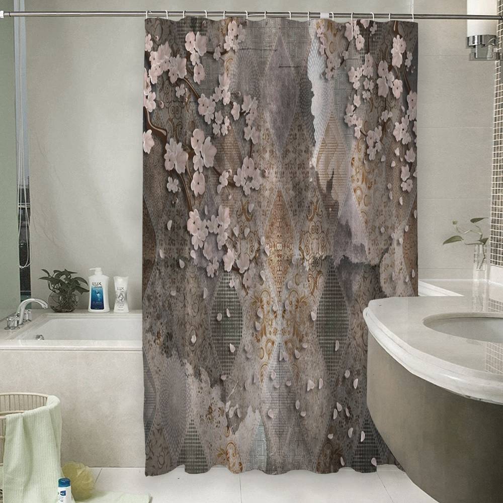 3D фотоштора для ванной «Ветви сакуры на винтажном фоне» вид 6
